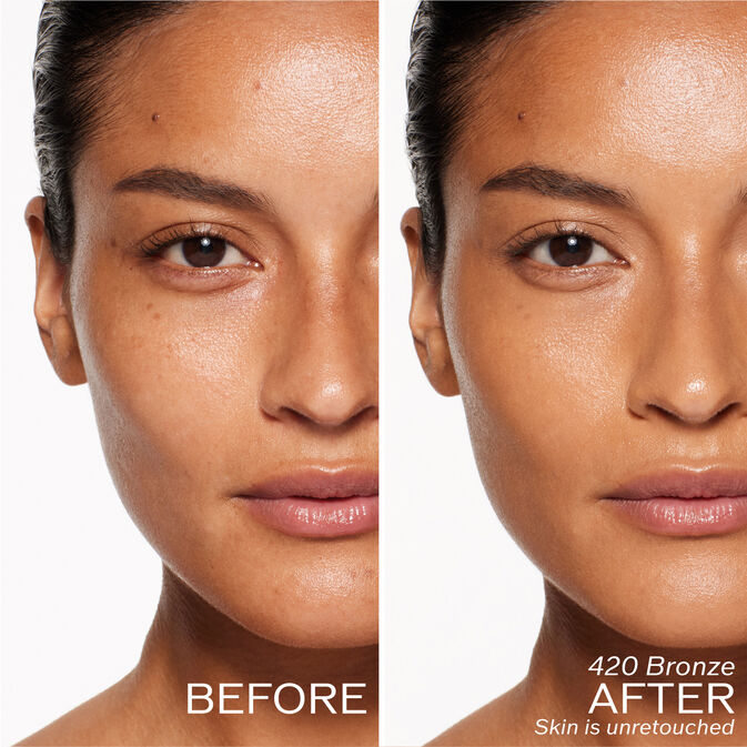 Two photos of a model. The first is a before shot, and the second is after using 420 Bronze Skin is unretouched.