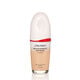 An oval-shaped bottle of Shiseido Revitalessence Skin Glow Foundation SPF 30 in shade 150 Lace. The label on the bottle is white with a red accent. 标签上写有产品名称和, 防晒系数。