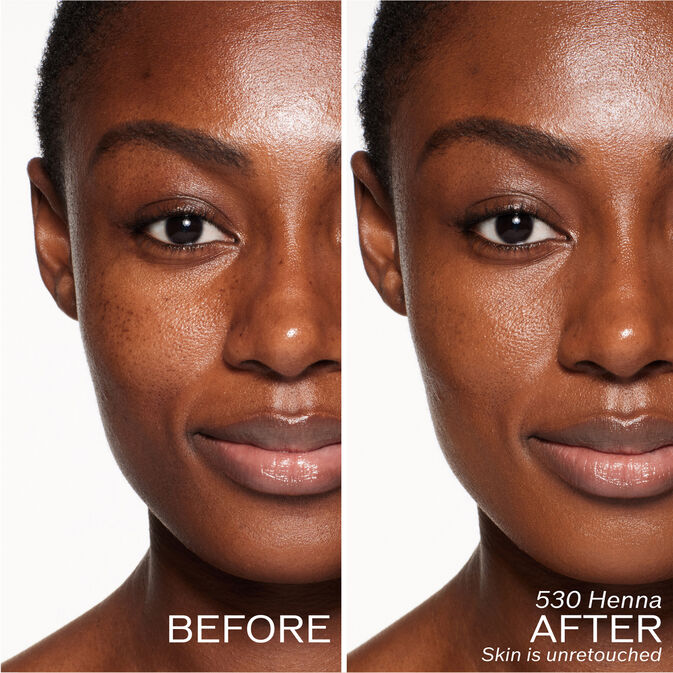 Two photos of a model. The first is a before shot, and the second is after using 530 Henna Skin is unretouched.