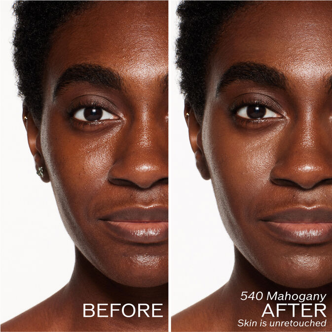 Two photos of a model. The first is a before shot, and the second is after using 540 Mahogany Skin is unretouched.